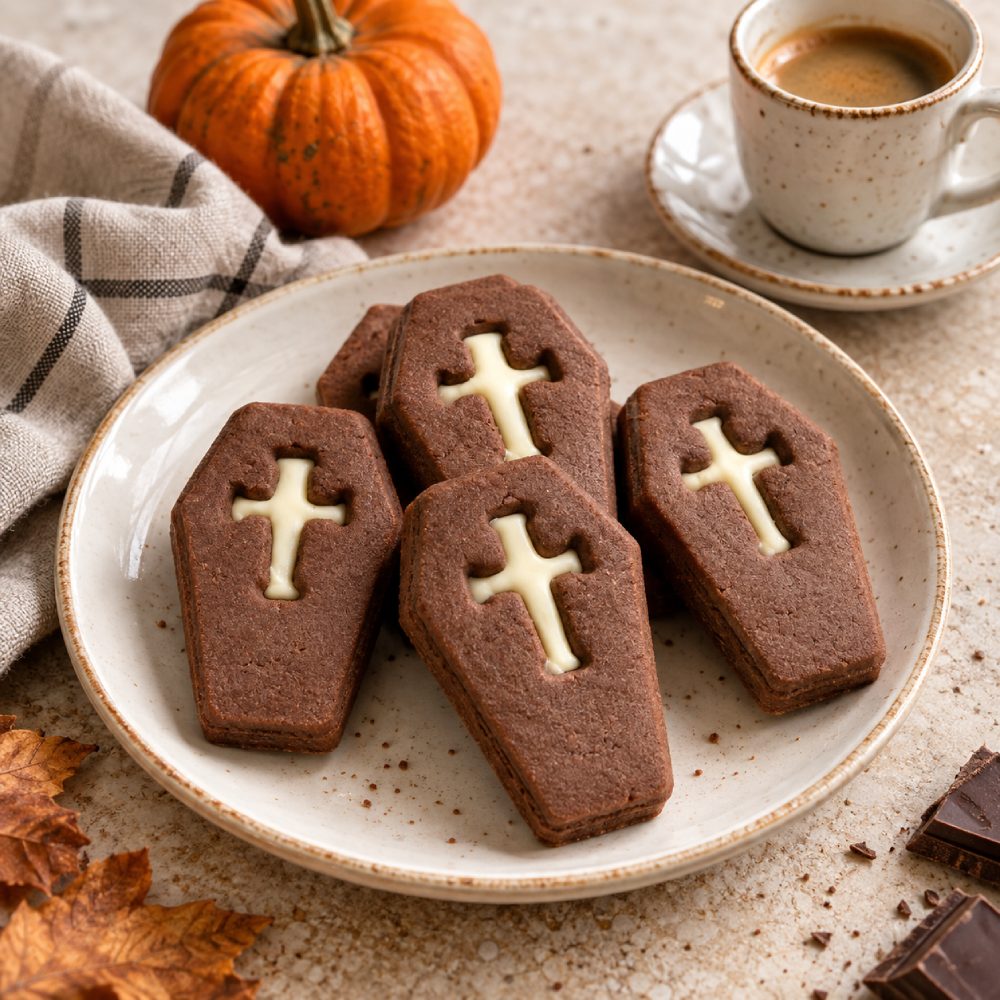 Italian Halloween Dark Coffin Biscuits on a plate